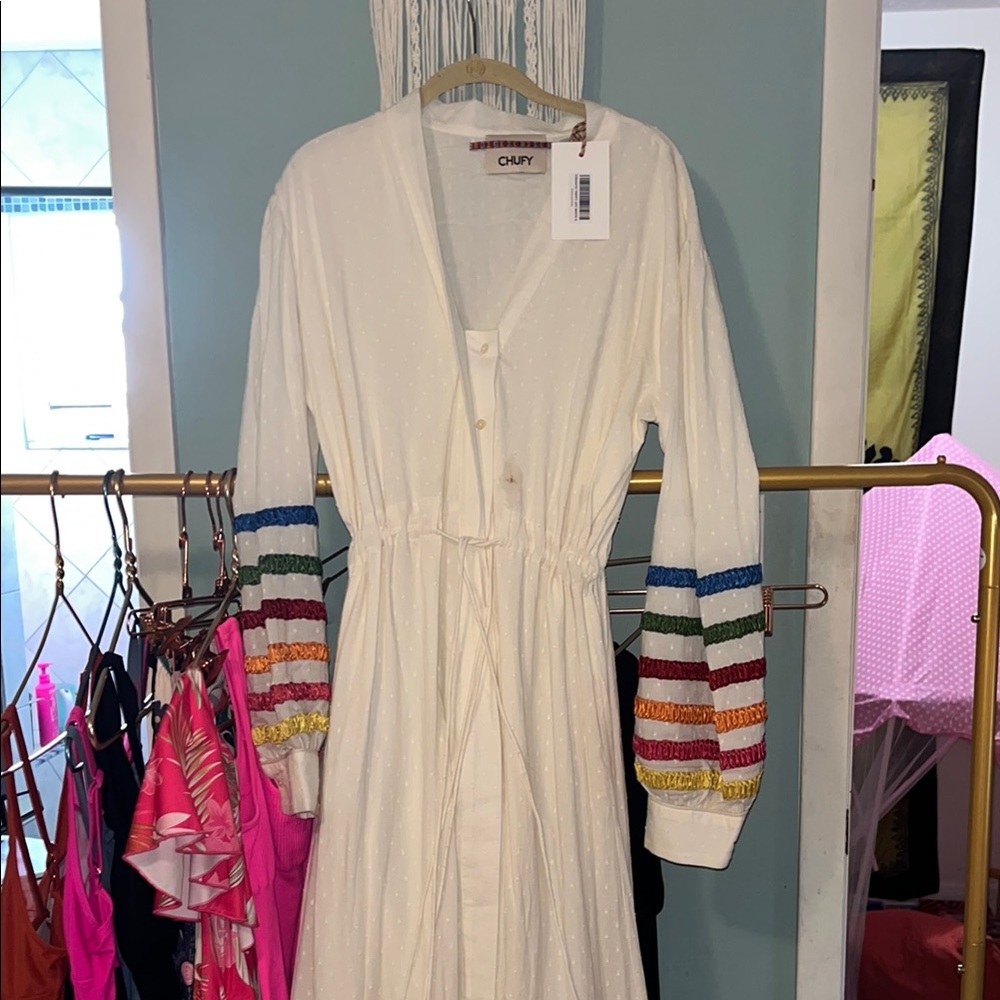 Chufy White Long Sleeve Dress with Colorful Striped Sleeves